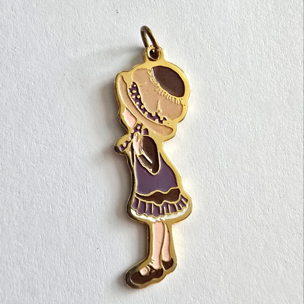 Vintage girl pendant charm purple gold tone cottagecore cottage 70s ragdoll